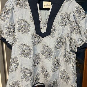 Umgee Light Blue Floral Embroidered V-Neck Tunic with Navy Trim